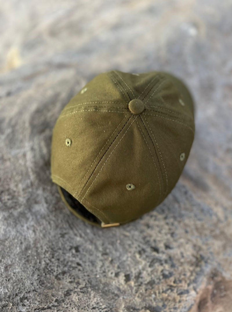 Fern Green#Cotton All Natural Relaxed Look Dad Baseball Hat front view MORE SUNDAY dark forest hunter green relaxing weekend vibes top view 6 panels quality stiching