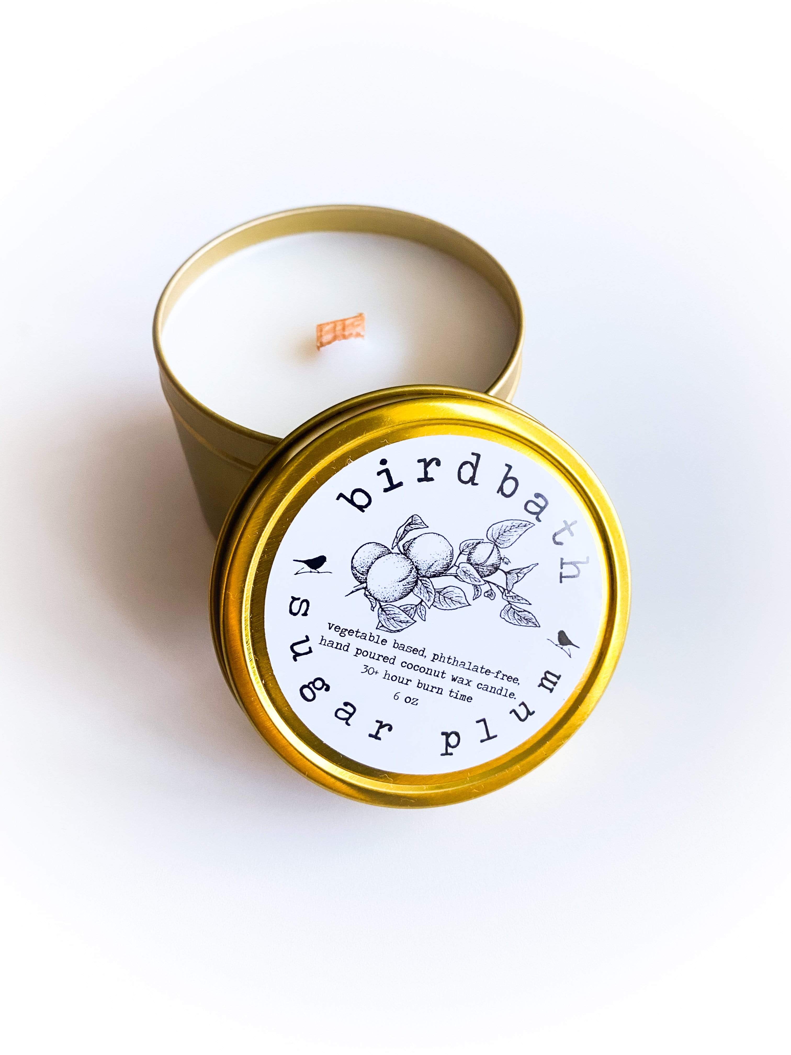 Candle Holiday Sugar Plum Coconut Wood Wick Candle in Gold Travel Tin lunya morgan lane