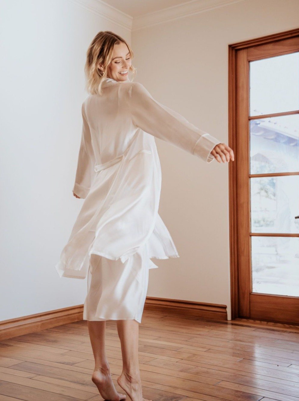 Aphrodite White Silk Robe with Chiffon Piping · Light Champagne lunya morgan lane