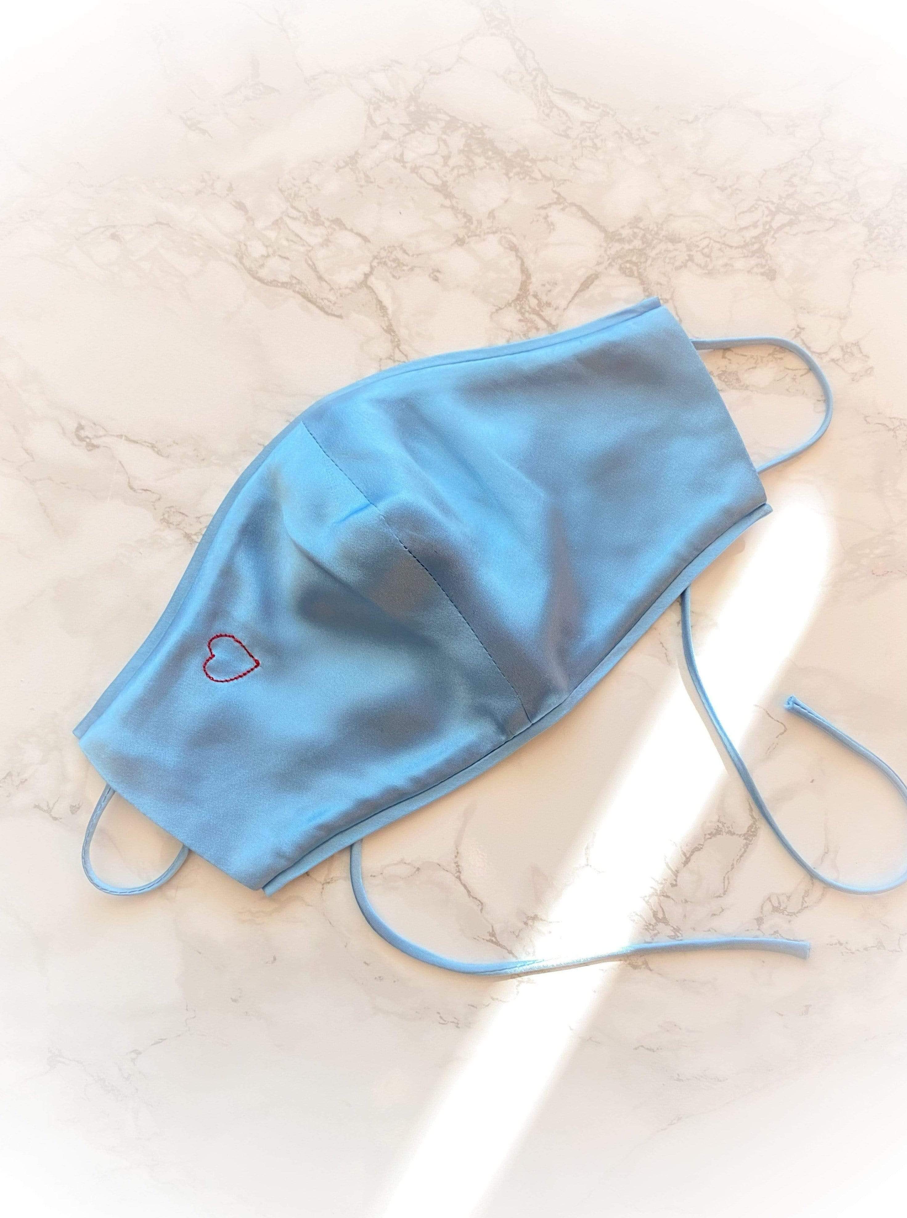 Face Mask French Blue Breathable Mulberry Silk Love Face Mask - Triple Layer, Adjustable Straps, Heart Embroidery lunya morgan lane
