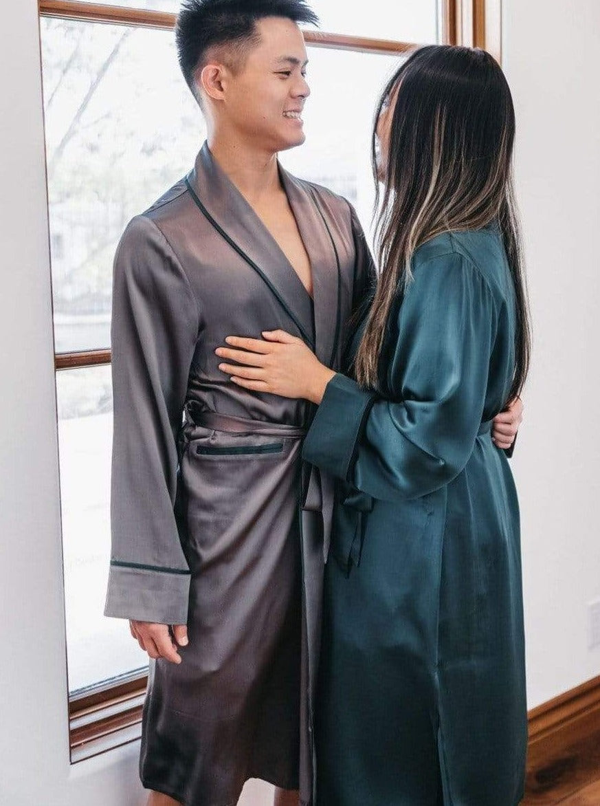 Unisex Silk Midi Smoking Robe- Extended Sizing -Charcoal | MORE SUNDAY S/M Unisex Silk Midi Smoking Robe · Charcoal Grey · Extended Sizing lunya morgan lane
