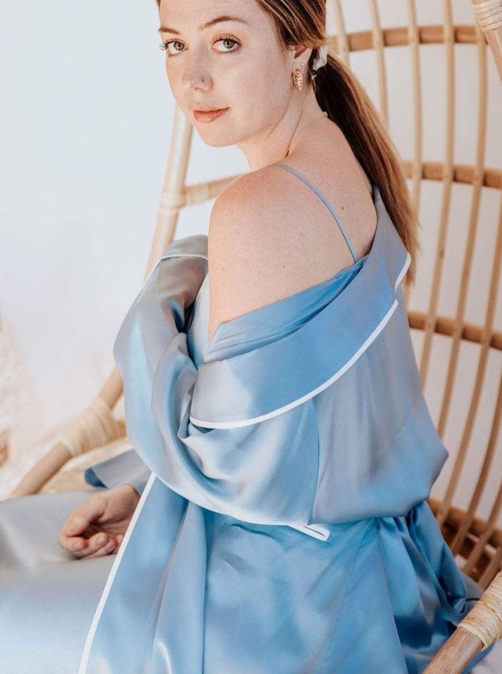 French Blue#Silk Midi Smoking Robe- Look Good at Home | MORE SUNDAY Silk Midi Smoking Robe lunya morgan lane french-blue