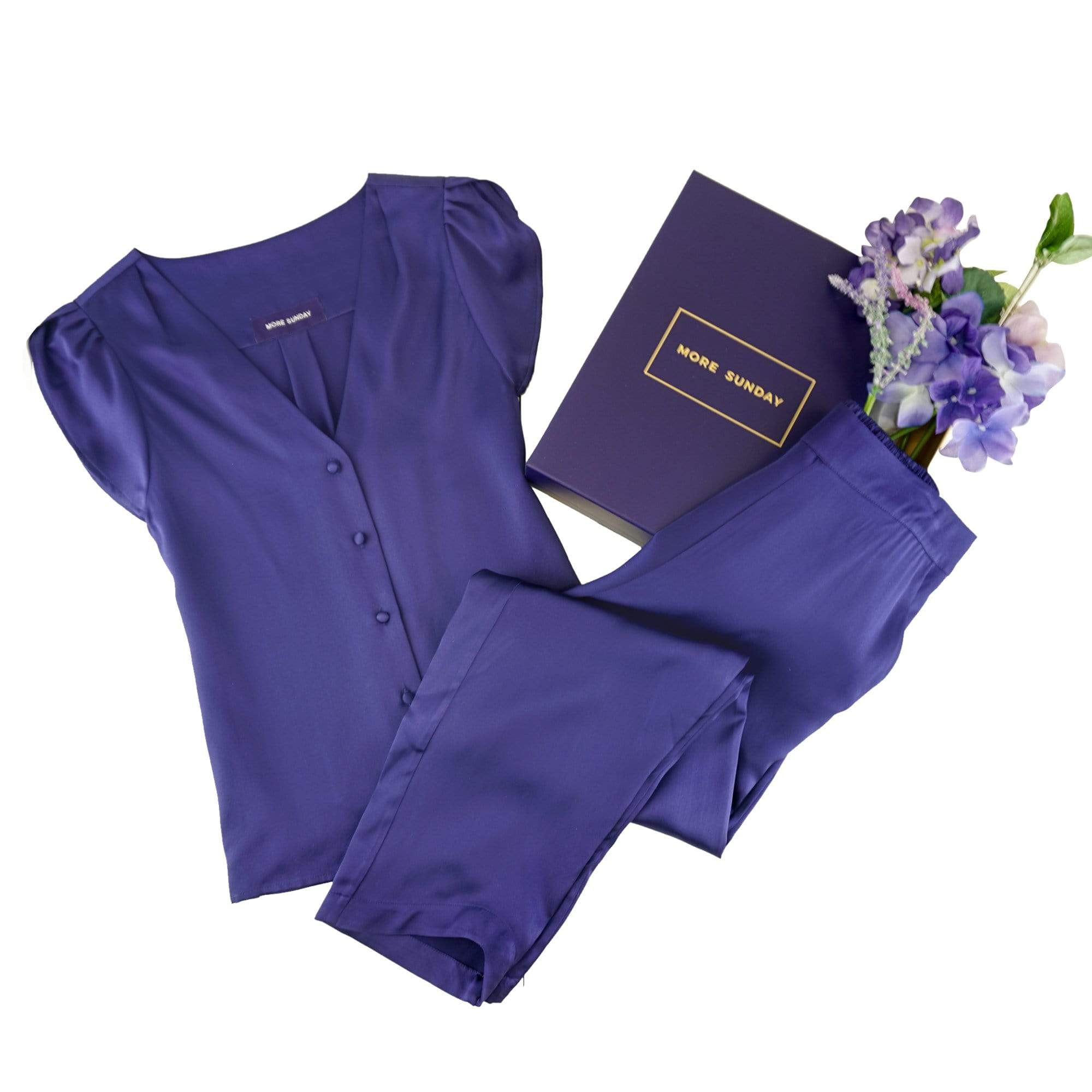 #Color_Royal Blueberry Washable 100% Mulberry Silk Pajama Set Nº1 | MORE SUNDAY Women's Pajama Set Silk Pajama Set Nº1 lunya morgan lane royal-blueberry