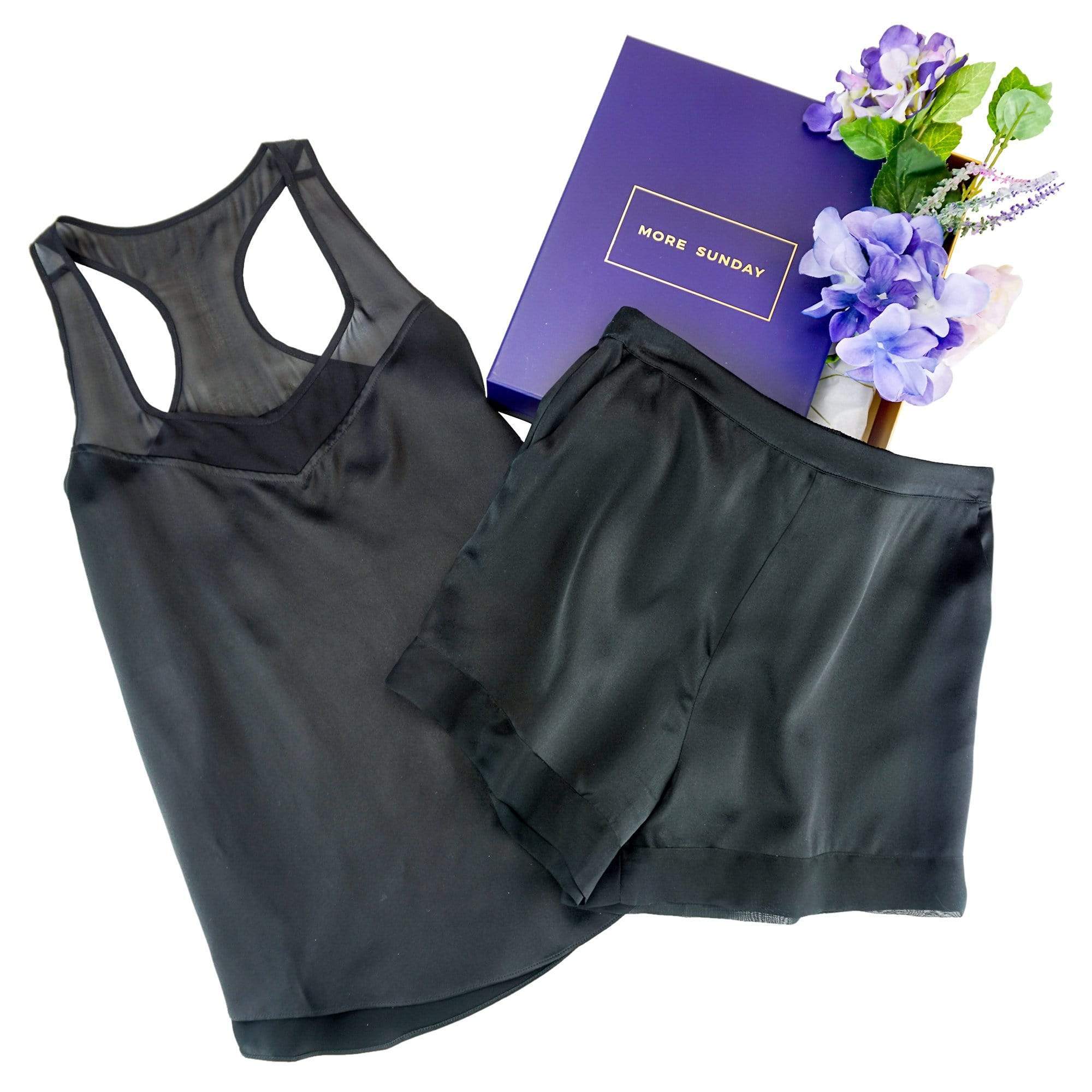 Washable 100% Mulberry Silk Pajama Set Nº4 | MORE SUNDAY Women's Pajama Set XS Short S Top / Black Caviar Silk Pajama Set Nº4 lunya morgan lane