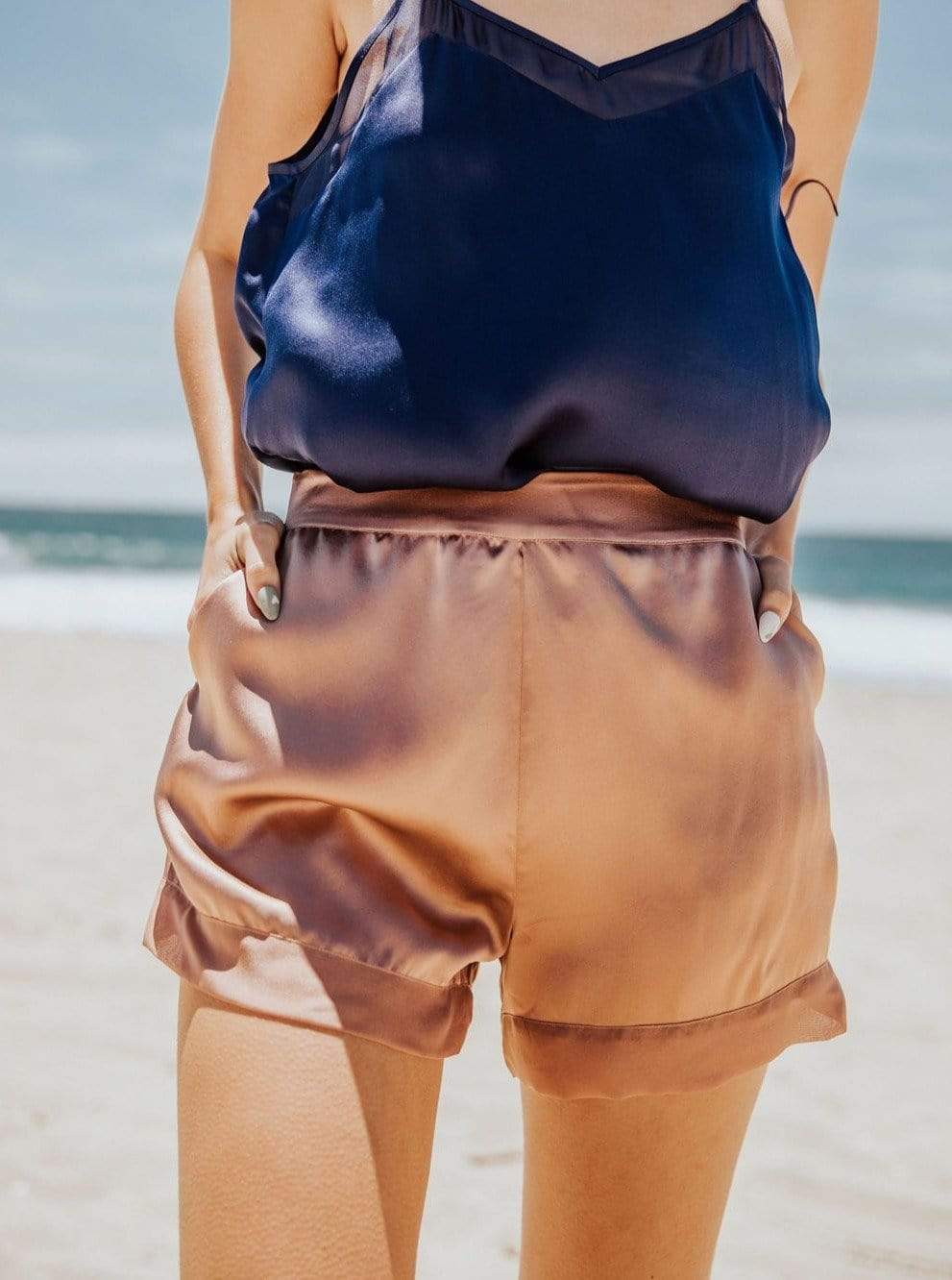 Washable 100% Mulberry Silk Pajama Set Shorts | MORE SUNDAY Women's Short Soho Shorts · Sunset Rose lunya morgan lane