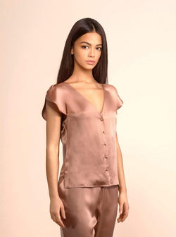 Washable 100% Mulberry Silk Pajama Set Button Up Blouse | MORE SUNDAY Women's Top S Chelsea Silk Button Up Top · Sunset Rose lunya morgan lane
