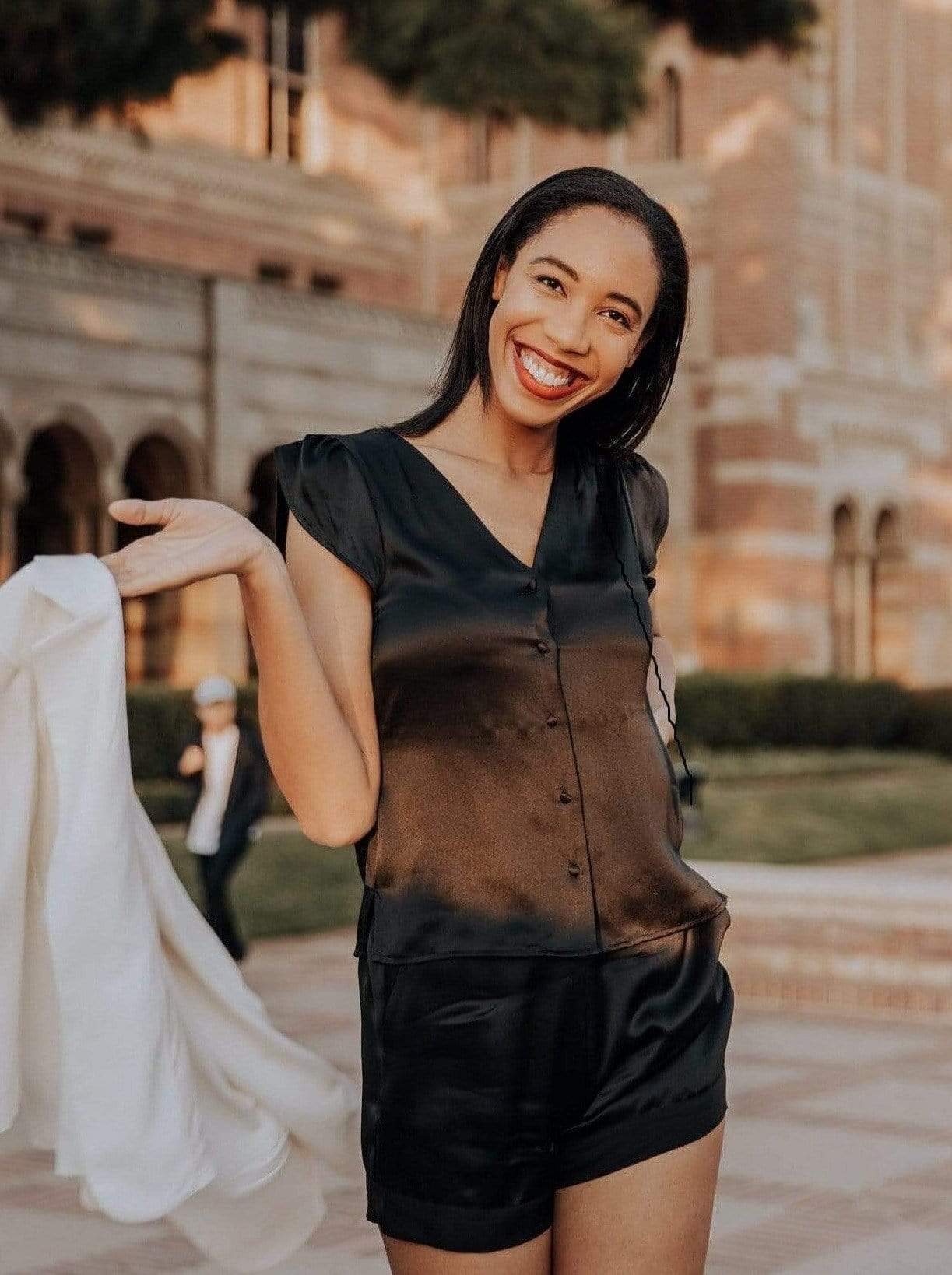 Washable 100% Mulberry Silk Pajama Set Button Up Blouse | MORE SUNDAY Women's Top Chelsea Silk Button Up Top · Black Caviar lunya morgan lane