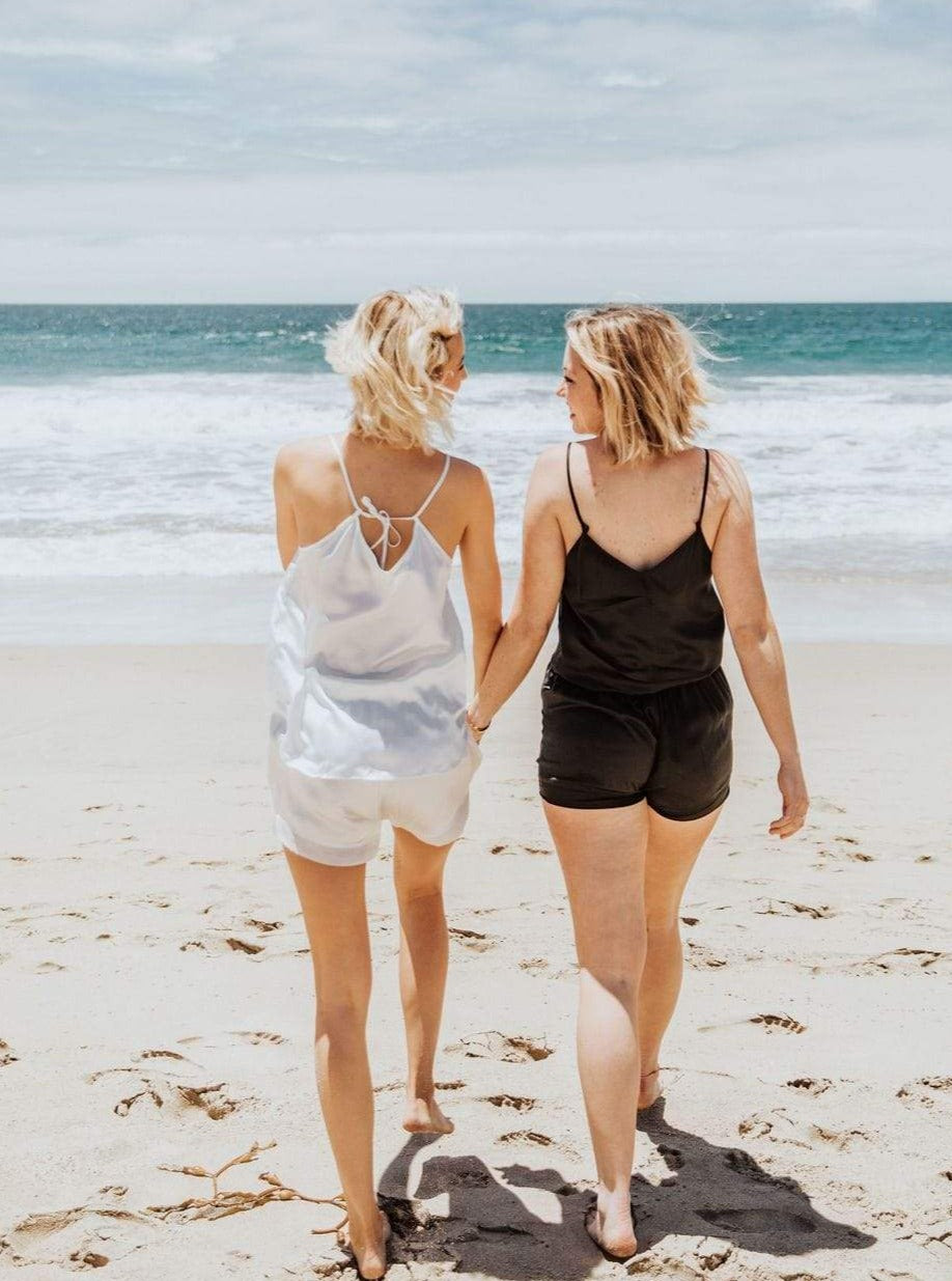 Washable 100% Mulberry Silk Pajama Camisole Top | MORE SUNDAY Women's Silk Cami Top · Black Caviar lunya morgan lane