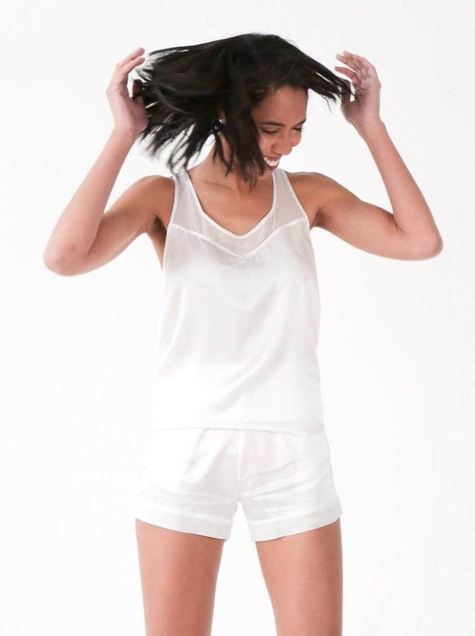 Washable 100% Mulberry Silk Pajama Set Racerback Tank | MORE SUNDAY Women's Nolita Reversible Racerback Top · Light Champagne lunya morgan lane