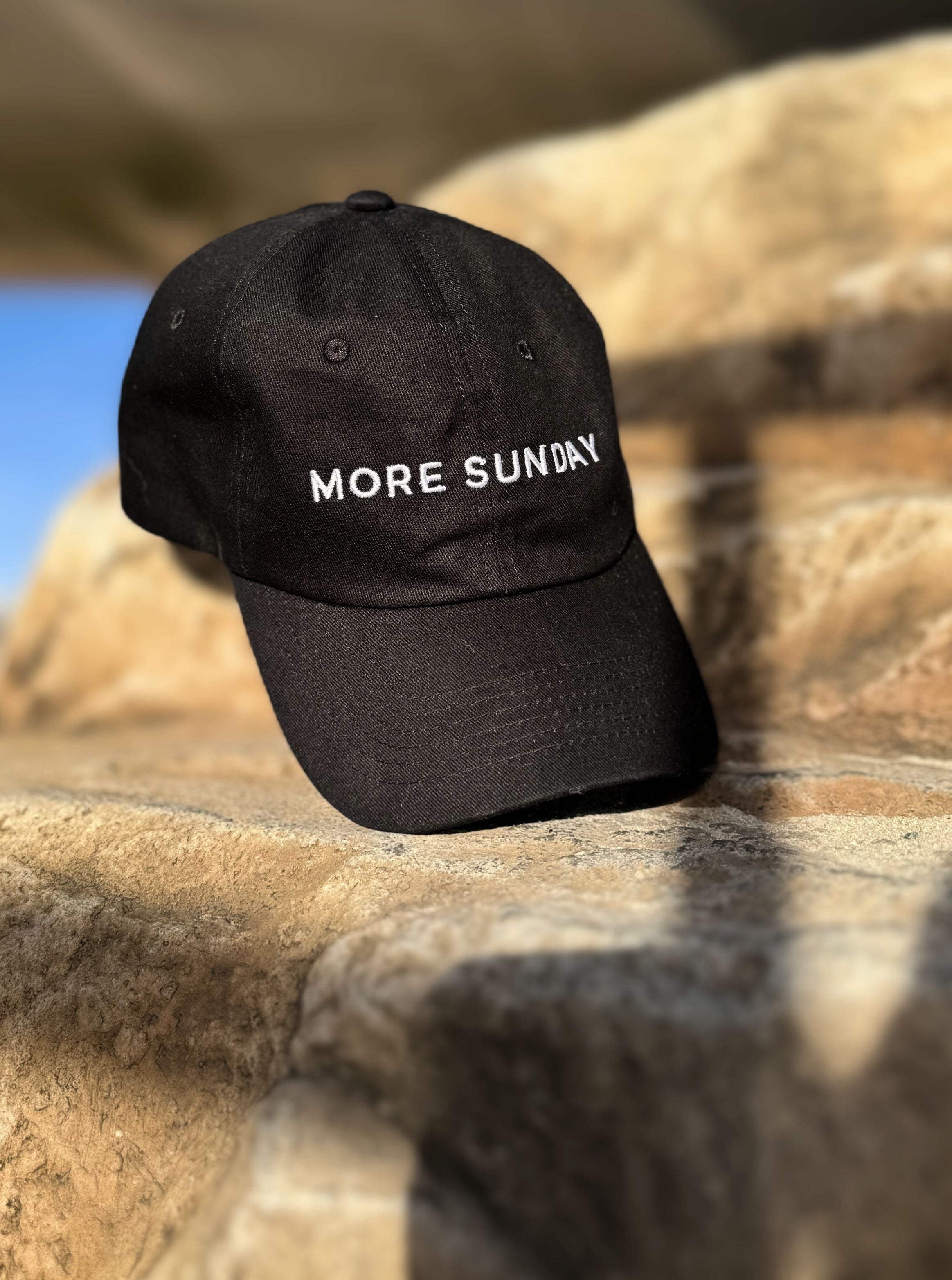 Black#Cotton All Natural Relaxed Look Dad Baseball Hat front view MORE SUNDAY relaxing weekend vibes