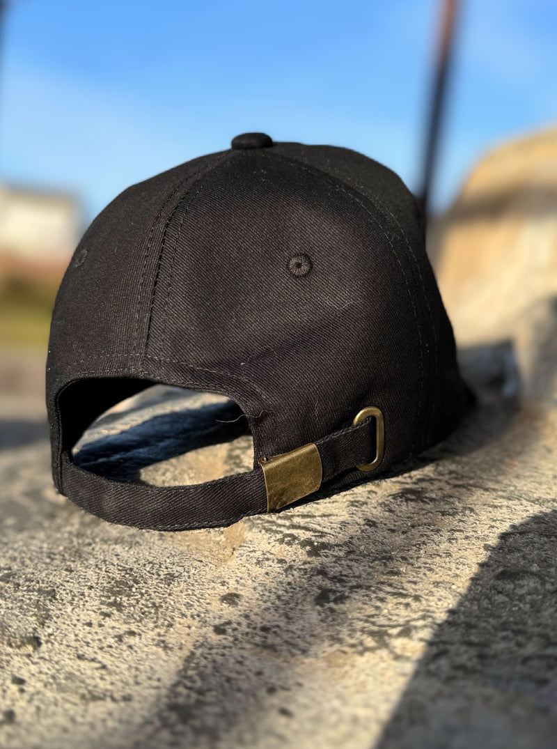 Black#Cotton All Natural Relaxed Look Dad Baseball Hat front view MORE SUNDAY relaxing weekend vibes back view with gold adjustable clip