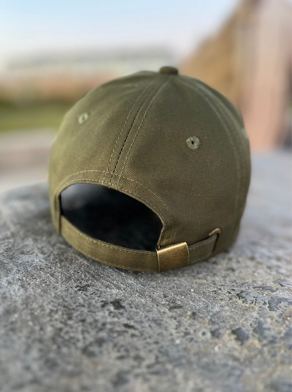 Fern Green#Cotton All Natural Relaxed Look Dad Baseball Hat front view MORE SUNDAY dark forest hunter green relaxing weekend vibes back adjustable gold clip