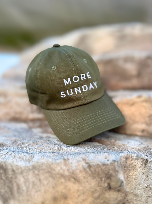 Fern Green#Cotton All Natural Relaxed Look Dad Baseball Hat front view MORE SUNDAY dark forest hunter green relaxing weekend vibes