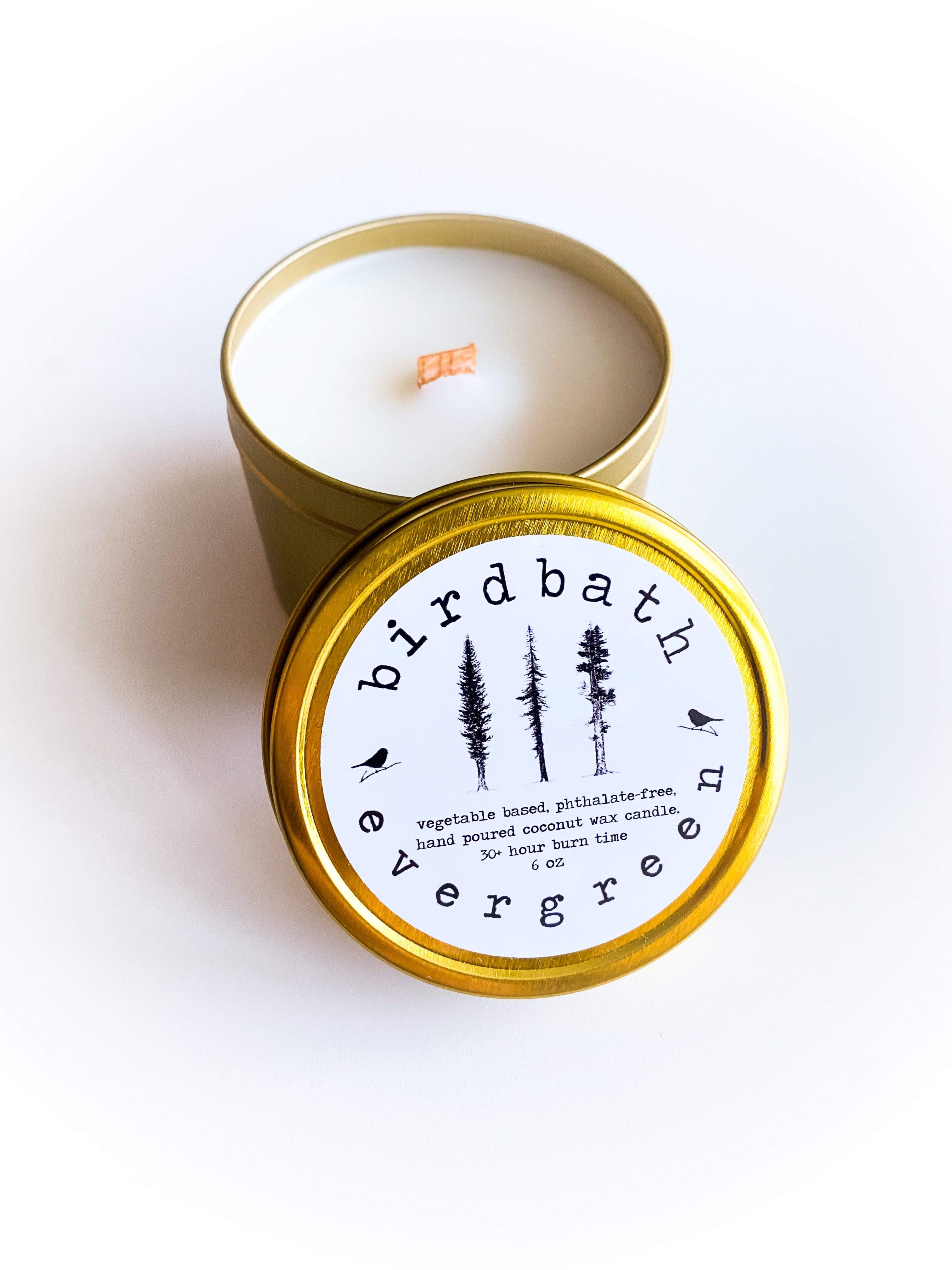 Candle Holiday Evergreen Coconut Wood Wick Candle in Gold Travel Tin lunya morgan lane