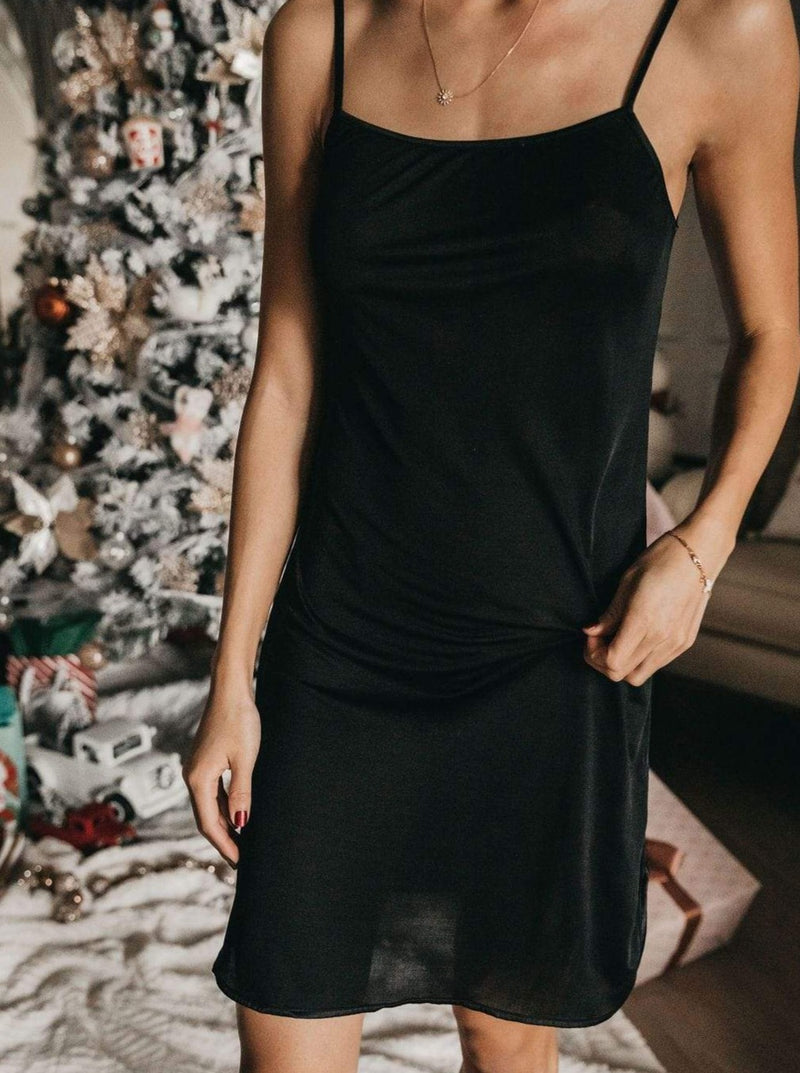 MORE SUNDAY Black Silk Slip Dress 100% Mulberry Silk, Adjustable