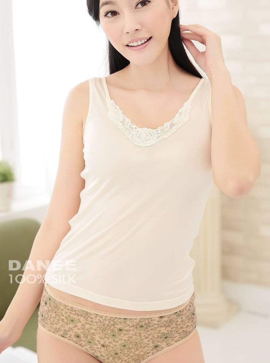 Women's Top US S Petite (Euro L) / Nude Ivory Yellow Women's Lightweight Knit Silk Embroidered V-Neck Tank Top lunya morgan lane
