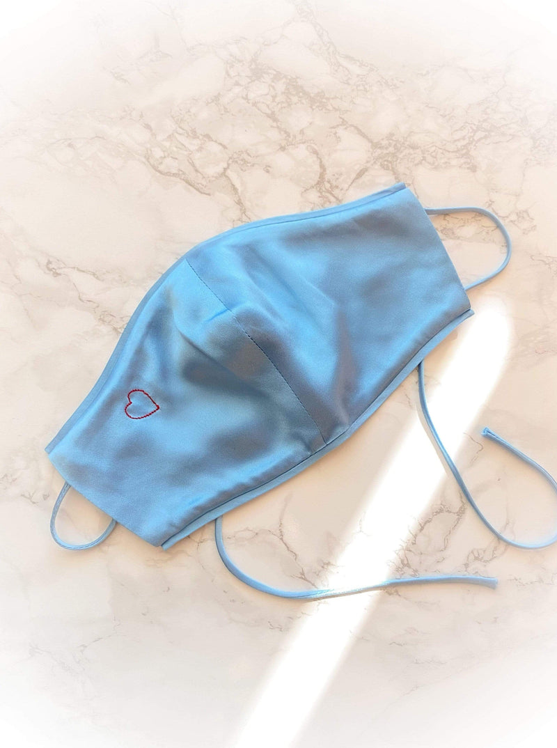 Face Mask French Blue Breathable Mulberry Silk Love Face Mask - Triple Layer, Adjustable Straps, Heart Embroidery lunya morgan lane