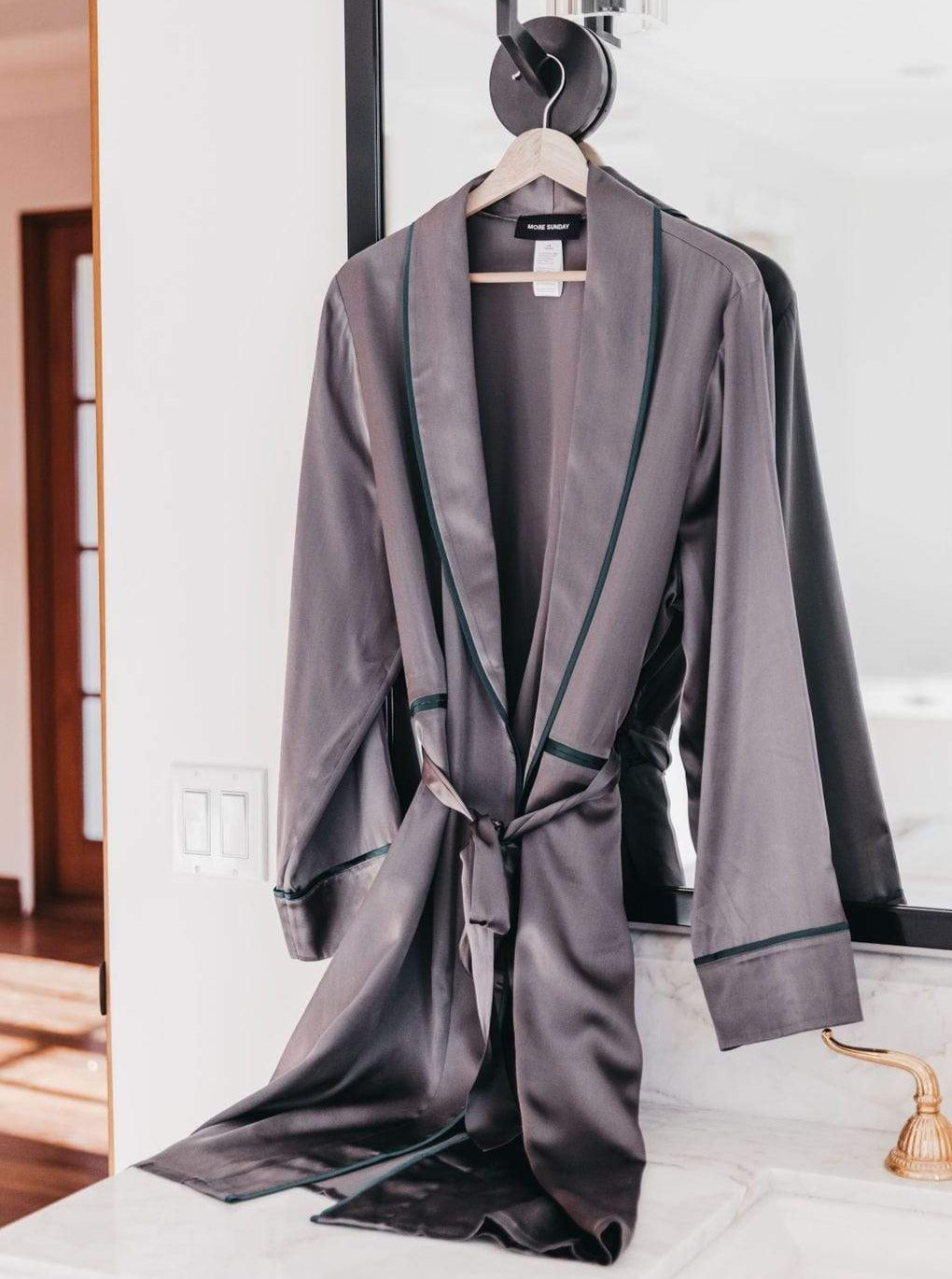Unisex Silk Midi Smoking Robe- Extended Sizing -Charcoal | MORE SUNDAY