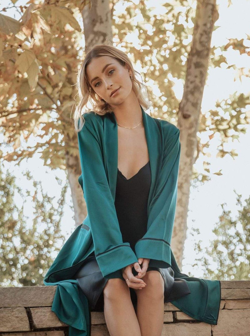Deep Emerald Green#Silk Midi Smoking Robe- Look Good at Home | MORE SUNDAY Silk Midi Smoking Robe lunya morgan lane