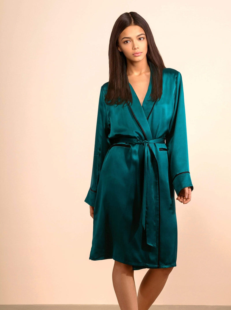 Deep Emerald Green#Silk Midi Smoking Robe- Look Good at Home | MORE SUNDAY Unisex Silk Midi Smoking Robe lunya morgan lane