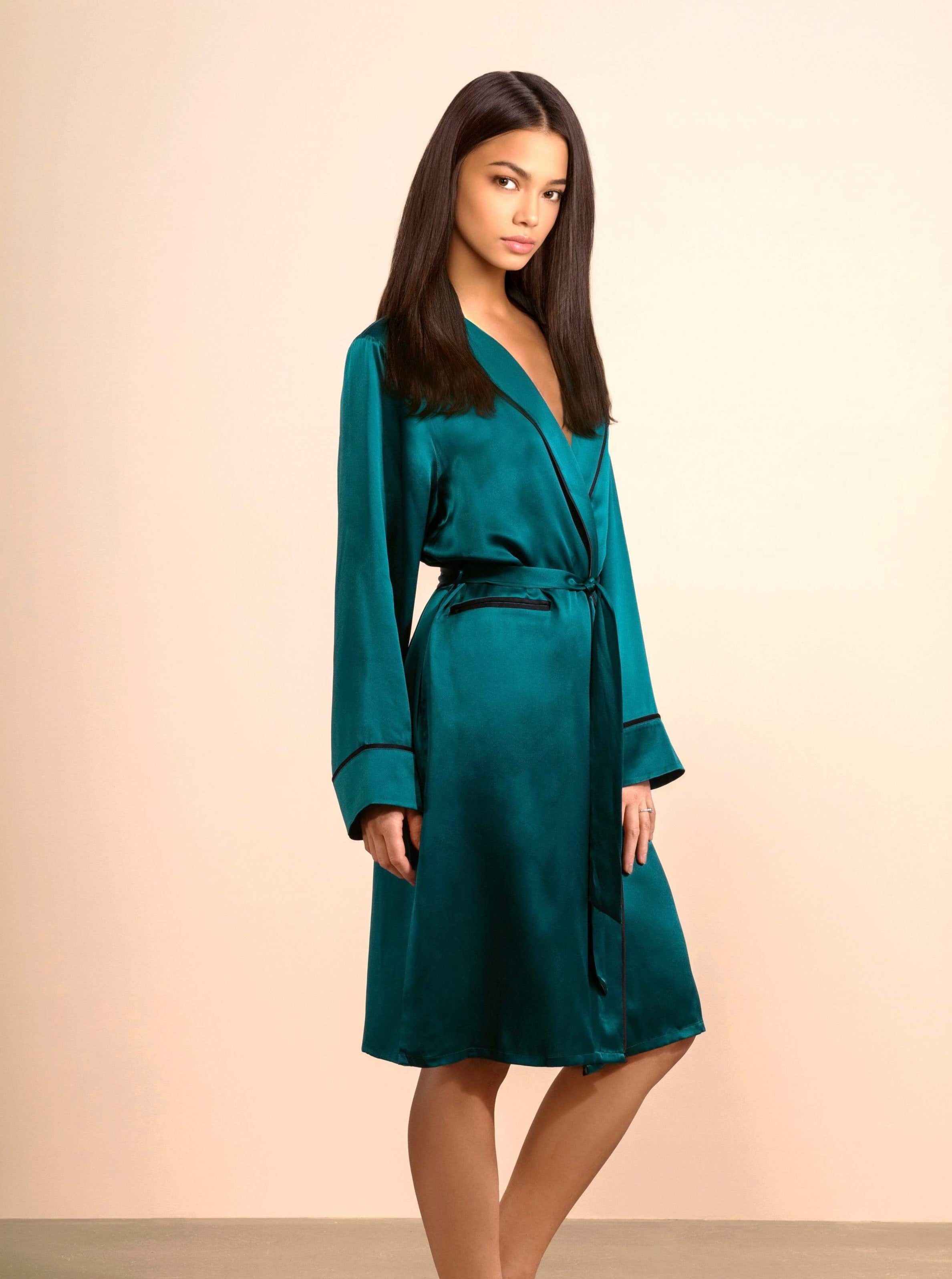 Deep Emerald Green#Silk Midi Smoking Robe- Look Good at Home | MORE SUNDAY Unisex Silk Midi Smoking Robe lunya morgan lane deep-emerald-green 
