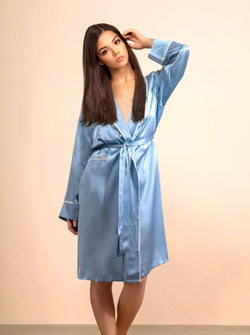 French Blue#Silk Midi Smoking Robe- Look Good at Home | MORE SUNDAY Unisex Silk Midi Smoking Robe lunya morgan lane