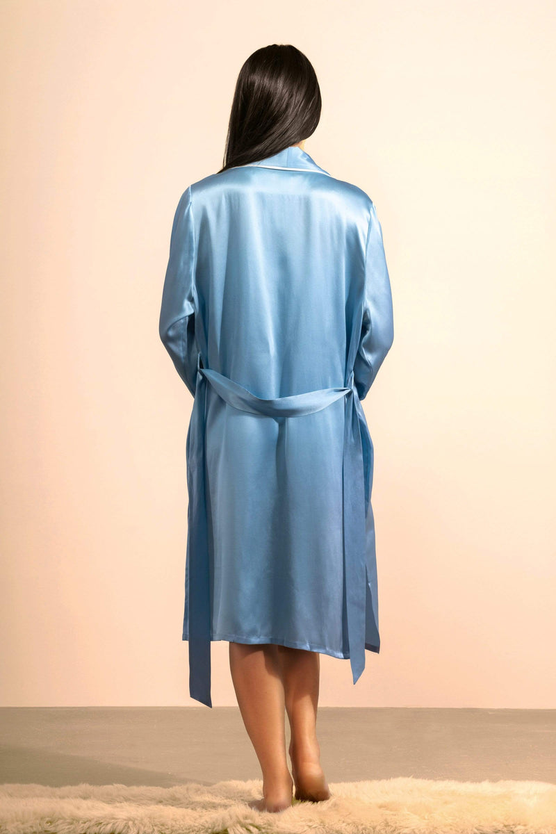 French Blue#Silk Midi Smoking Robe- Look Good at Home | MORE SUNDAY Unisex Silk Midi Smoking Robe lunya morgan lane