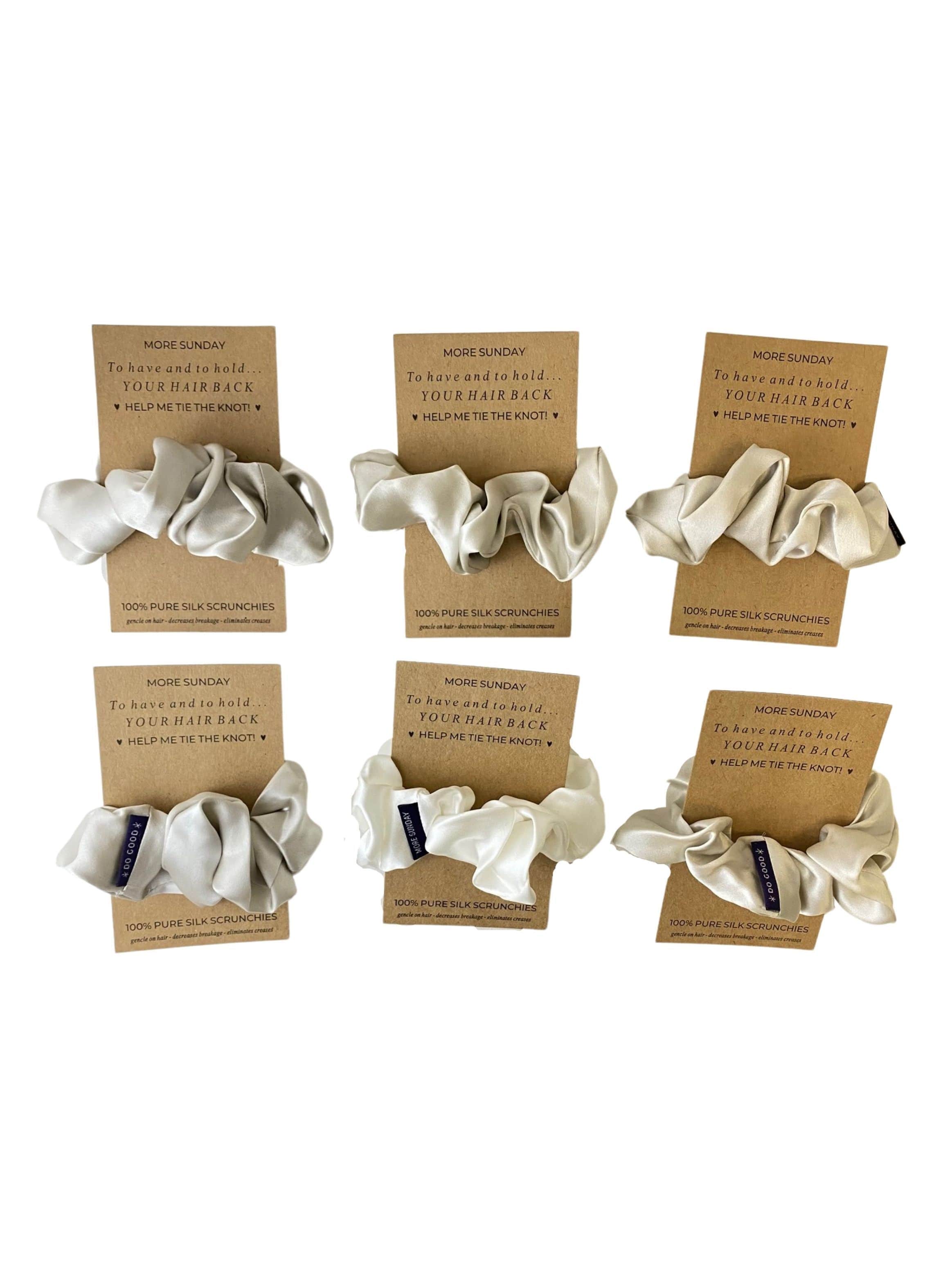 Silk Scrunchie Hair Accessory Look Polished Anytime | More Sunday Silver Mist Grey Bridal Proposal Silk Scrunchie Sets lunya morgan lane