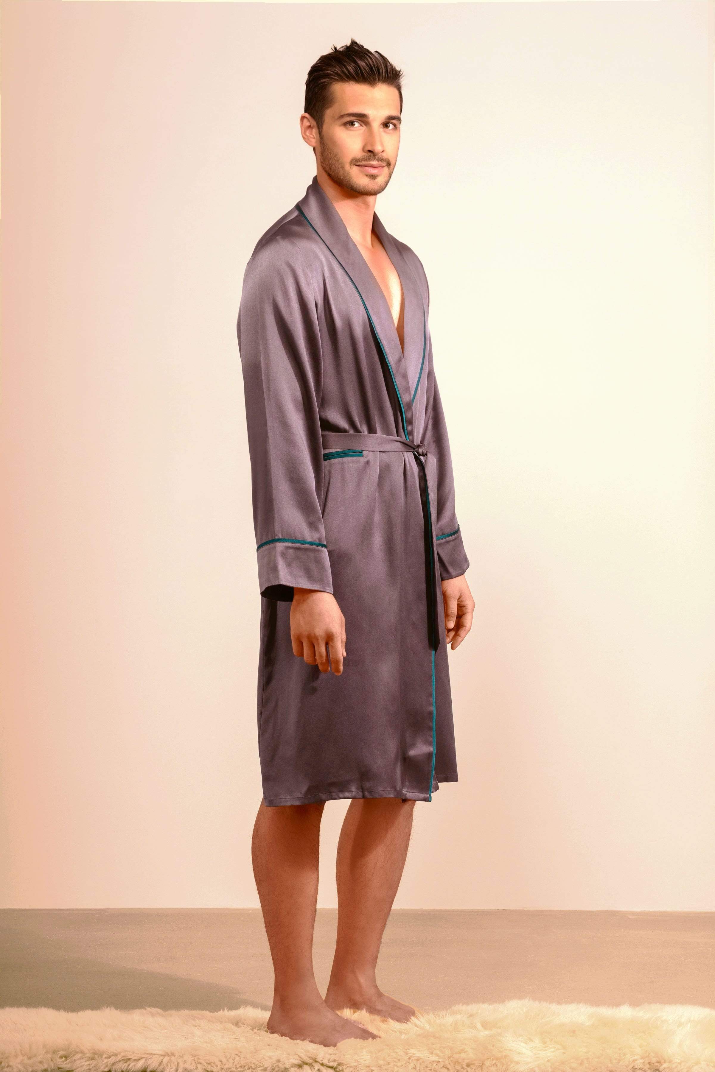 Unisex Silk Midi Smoking Robe- Extended Sizing -Charcoal | MORE SUNDAY