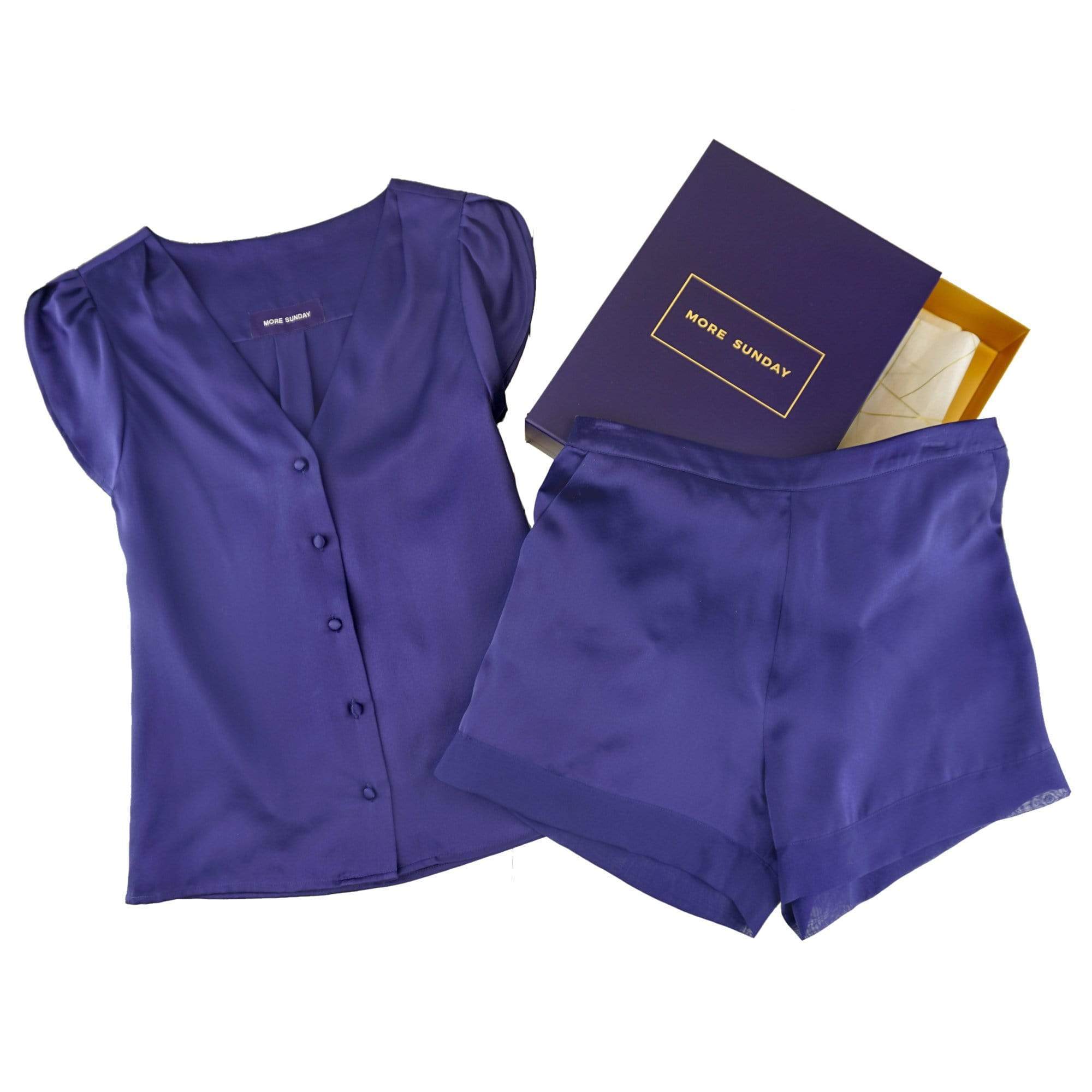 Washable 100% Mulberry Silk Pajama Set Nº2 | MORE SUNDAY Women's Pajama Set S / Royal Blueberry Silk Pajama Set Nº2 lunya morgan lane