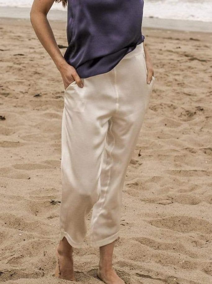 Washable 100% Mulberry Silk Pajama Set Cropped Pants | MORE SUNDAY Women's Pant S Midtown Cropped Pants · Light Champagne lunya morgan lane