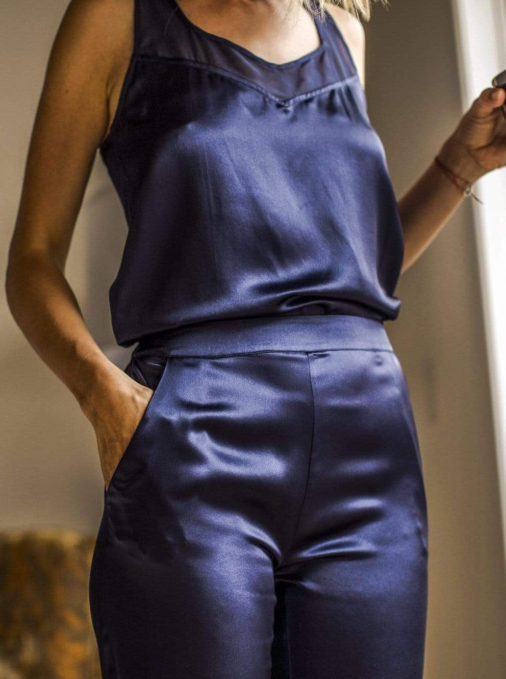 Washable 100% Mulberry Silk Pajama Set Racerback Tank - Royal Blue Berry| MORE SUNDAY Women's Nolita Reversible Racerback Top · Royal Blueberry lunya morgan lane