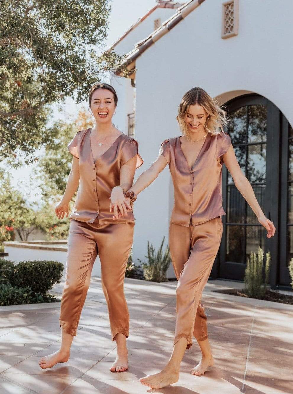 #Color_Sunset Rose Washable 100% Mulberry Silk Pajama Set Button Up Blouse | MORE SUNDAY Women's Top L Chelsea Silk Button Up Top · Sunset Rose lunya morgan lane