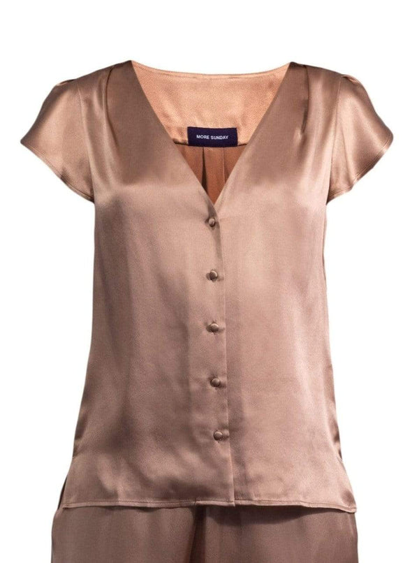 Washable 100% Mulberry Silk Pajama Set Button Up Blouse | MORE SUNDAY Women's Top M Chelsea Silk Button Up Top · Sunset Rose lunya morgan lane
