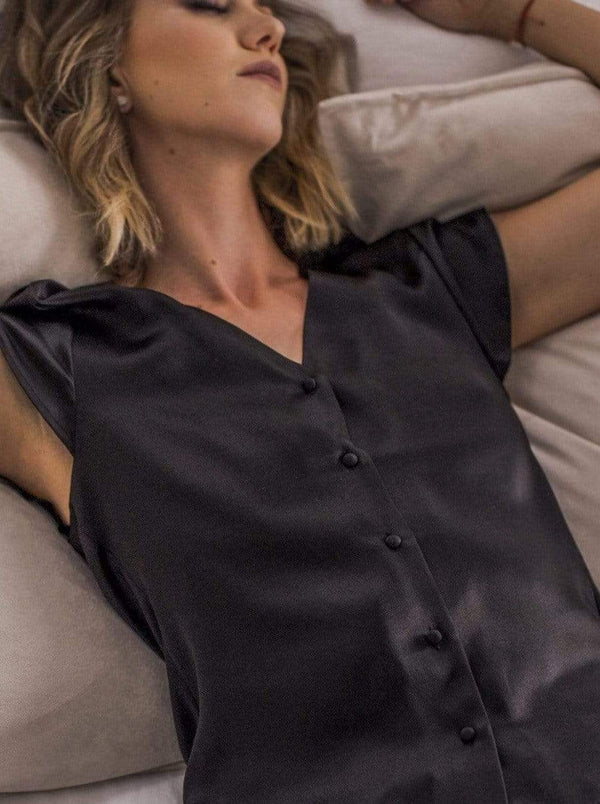 Washable 100% Mulberry Silk Pajama Set Button Up Blouse | MORE SUNDAY Women's Top Chelsea Silk Button Up Top · Black Caviar lunya morgan lane
