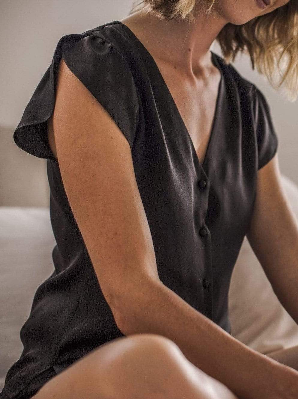 Washable 100% Mulberry Silk Pajama Set Button Up Blouse | MORE SUNDAY Women's Top Chelsea Silk Button Up Top · Black Caviar lunya morgan lane
