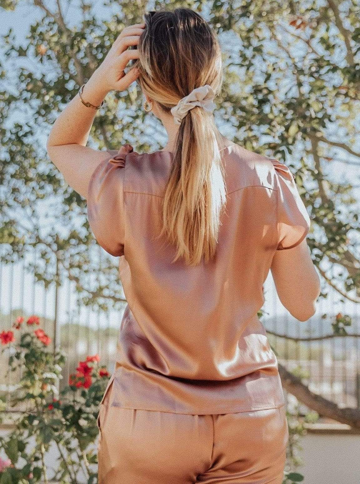 Washable 100% Mulberry Silk Pajama Set Button Up Blouse | MORE SUNDAY Women's Top Chelsea Silk Button Up Top · Sunset Rose lunya morgan lane
