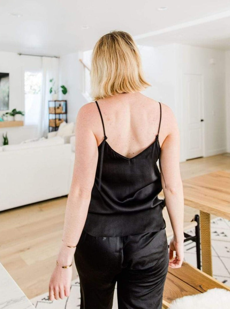 Washable 100% Mulberry Silk Pajama Camisole Top | MORE SUNDAY Women's Silk Cami Top · Black Caviar lunya morgan lane