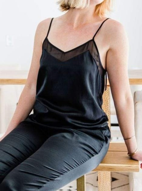 Washable 100% Mulberry Silk Pajama Camisole Top | MORE SUNDAY Women's Silk Cami Top · Black Caviar lunya morgan lane