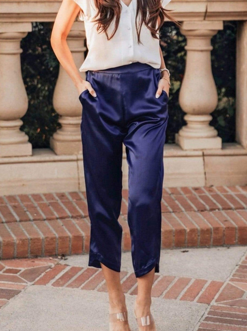 Washable 100% Mulberry Silk Pajama Set Cropped Pants | MORE SUNDAY Women's S Midtown Cropped Pants · Royal Blueberry lunya morgan lane