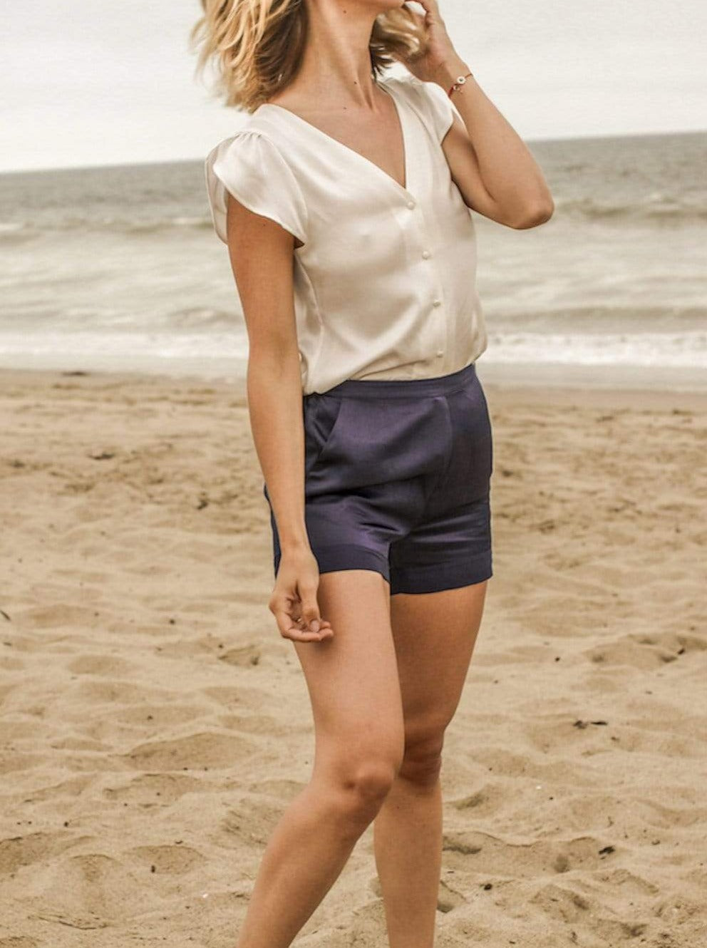 Washable 100% Mulberry Silk Pajama Set Shorts | MORE SUNDAY Women's Soho Shorts · Royal Blueberry lunya morgan lane